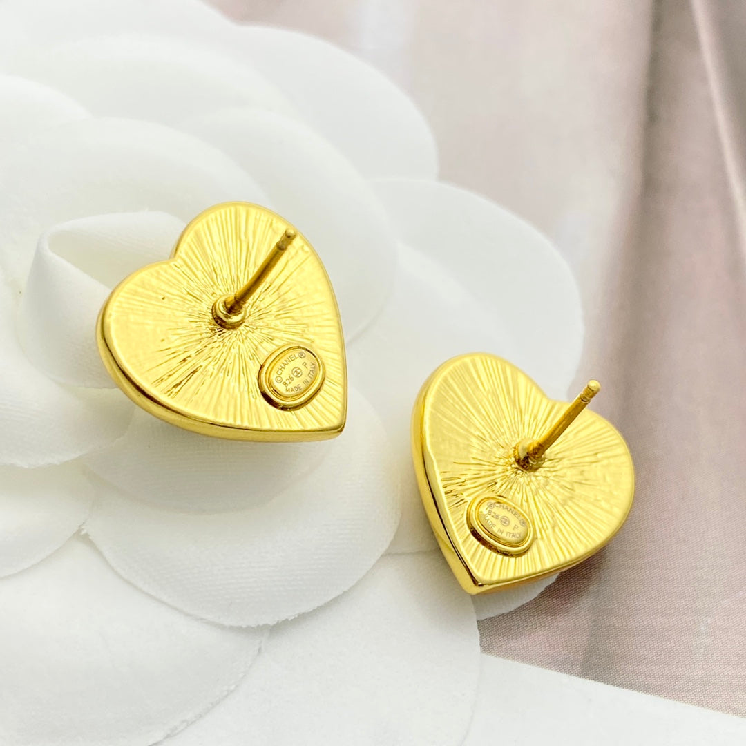 Chanel Black Enamel Gold Double C Heart Earrings