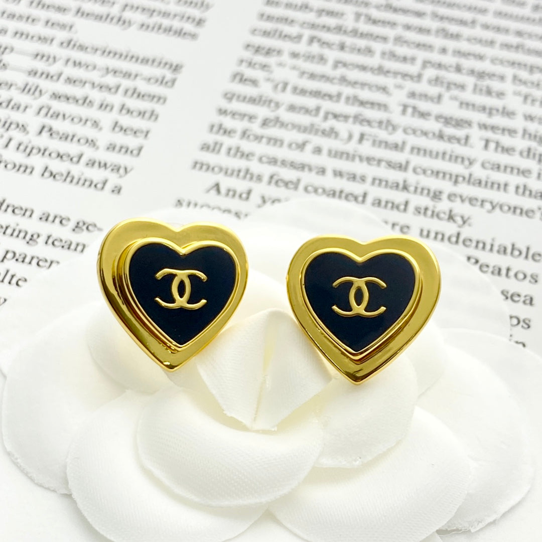 Chanel Black Enamel Gold Double C Heart Earrings