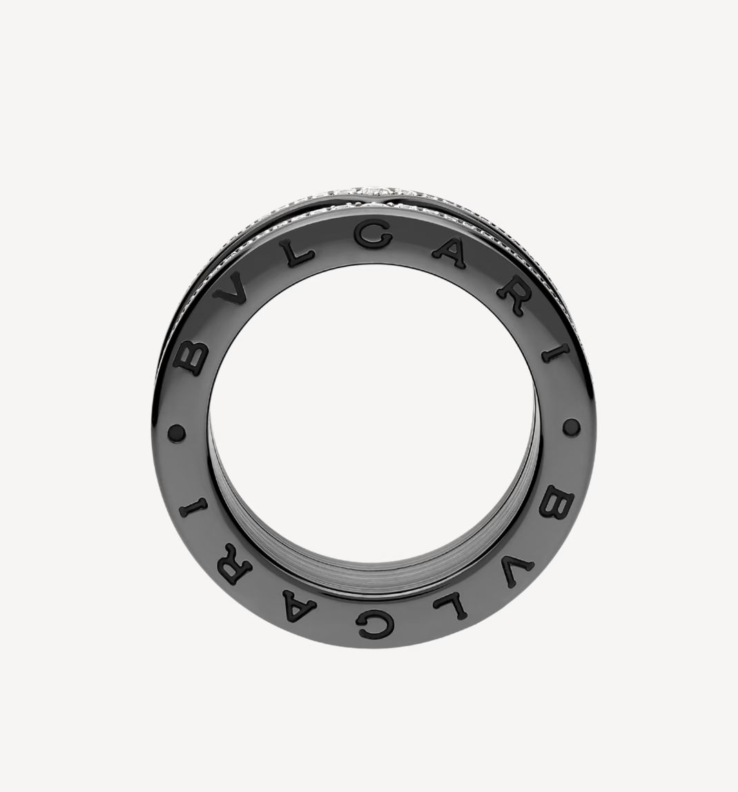 BVLGARI ZERO 1 ROCK FOUR-BAND BLACK CERAMIC WITH STUDDED SPIRAL AND PAVED DIAMONDS RING