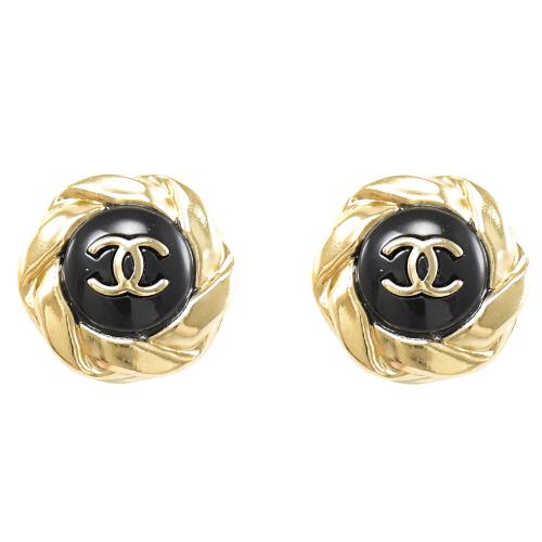 Chanel Double C Medium Stud Gold Black Earrings