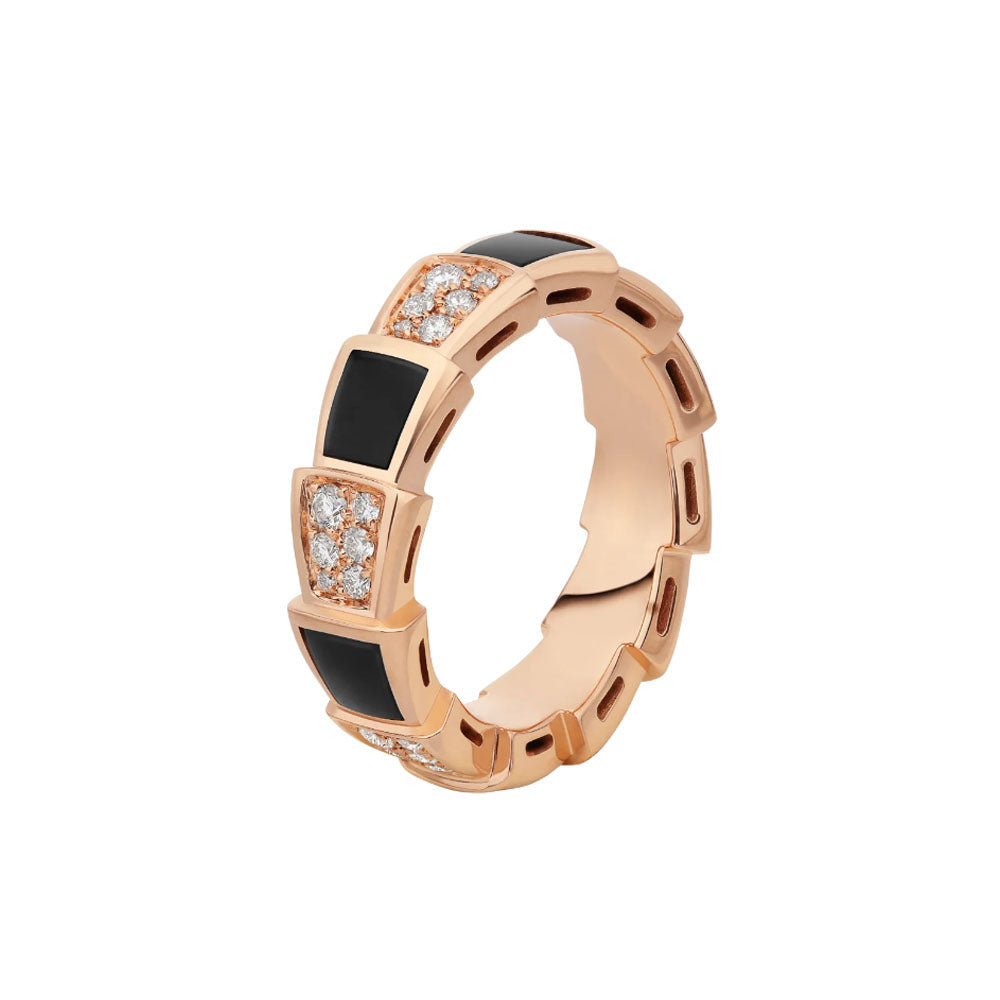 BVLGARI SERPENTI RING PINK GOLD BLACK MOP DIAMOND PAVED 4MM