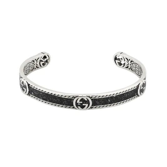 GUCCI GG INTERLOCKING G ENAMEL CUFF BRACELET SILVER & BLACK