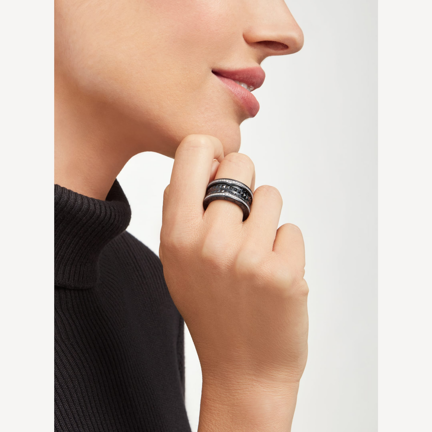 BVLGARI ZERO 1 ROCK FOUR-BAND BLACK CERAMIC WITH STUDDED SPIRAL AND PAVED DIAMONDS RING