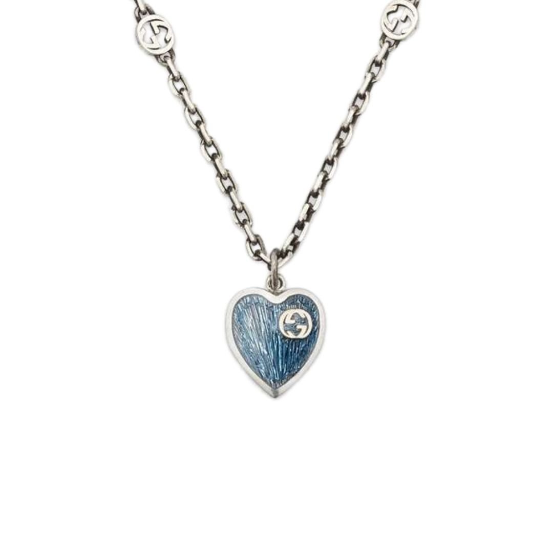 GUCCI GG HEARTS STERLING SILVER BLUE ENAMEL PENDANT NECKLACE