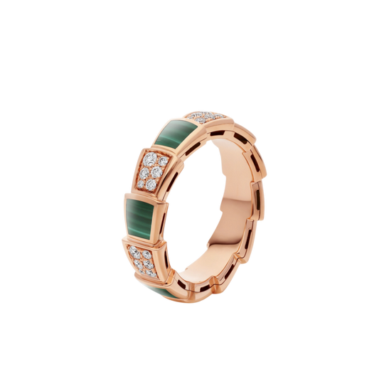 BVLGARI SERPENTI RING PINK GOLD MALACHITE DIAMOND PAVED 4MM