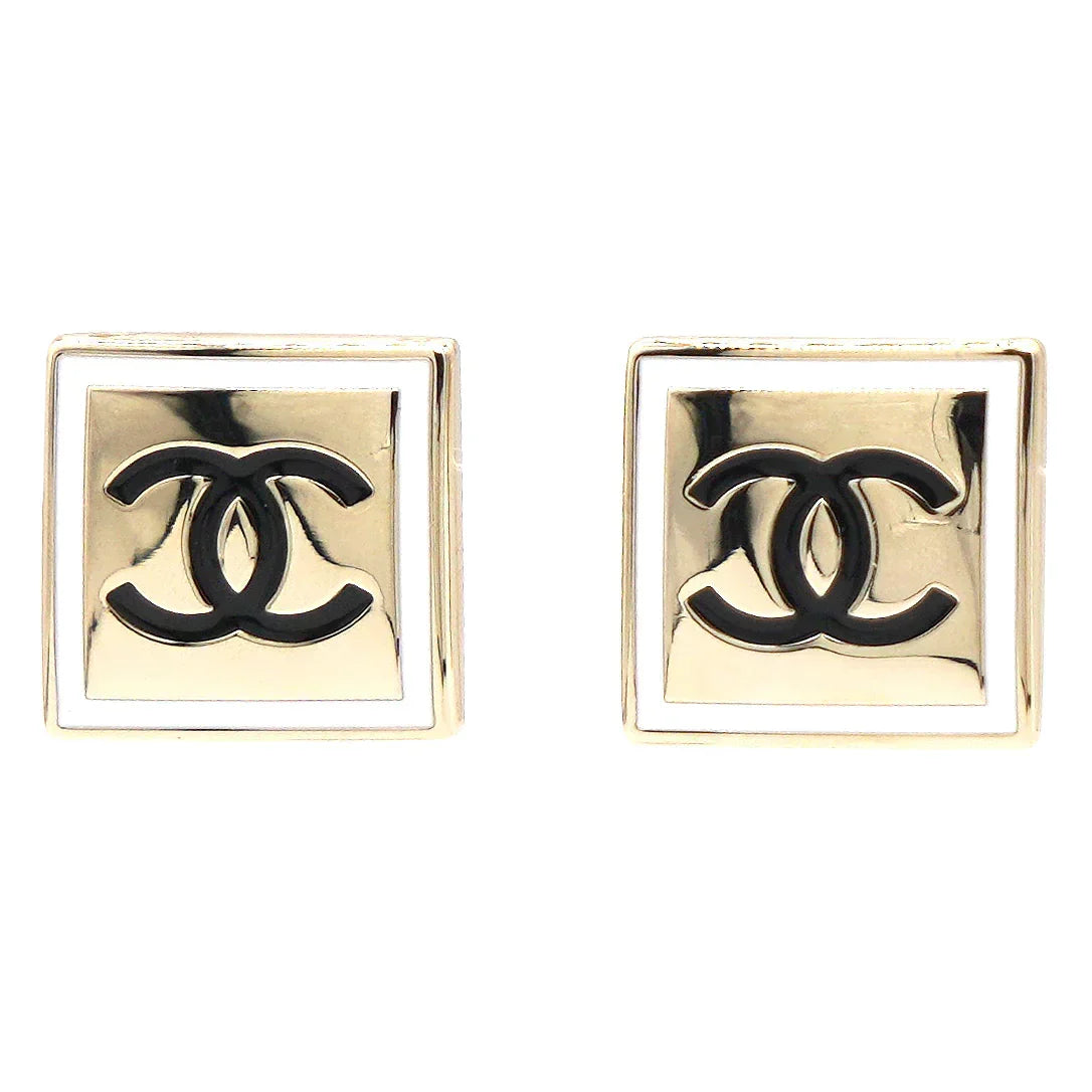 Chanel Light Gold And White Enamel Square Earrings