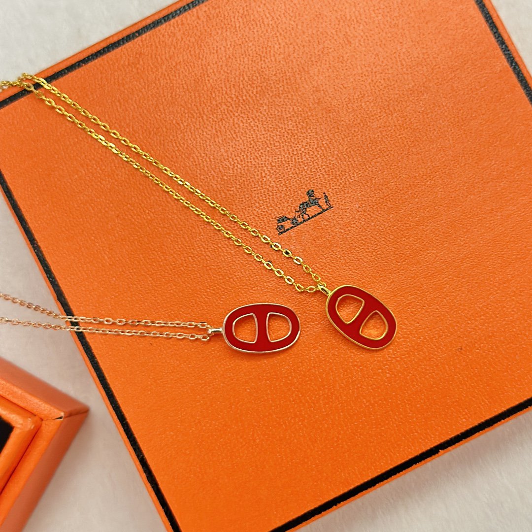 HERMES CHAINE SMALL RED NECKLACE GOLD AND PINK GOLD
