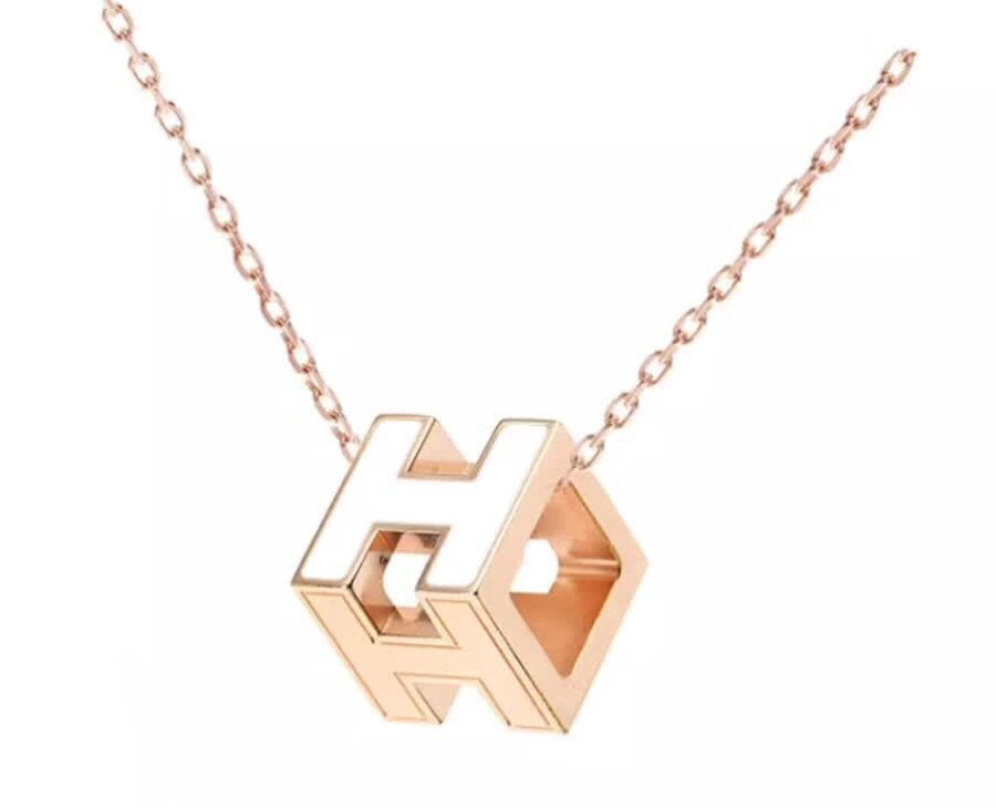 HERMES H WHITE SQUARE PINK GOLD NECKLACE