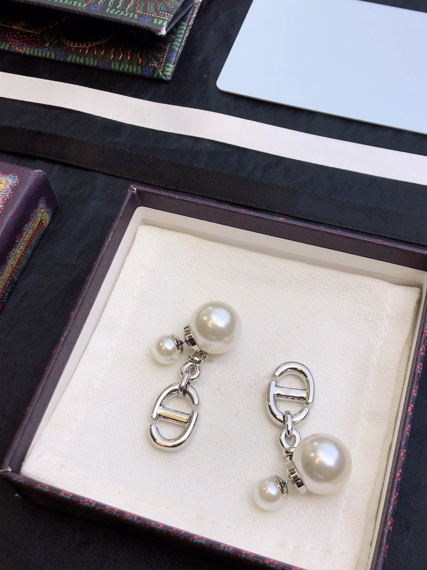DIOR CD DROP PEARL TRIBALES EARRINGS SILVER