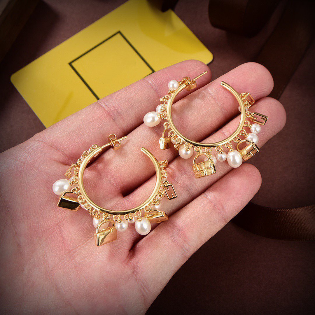 FENDI F BUCKLE PEARL GOLD EARRINGS