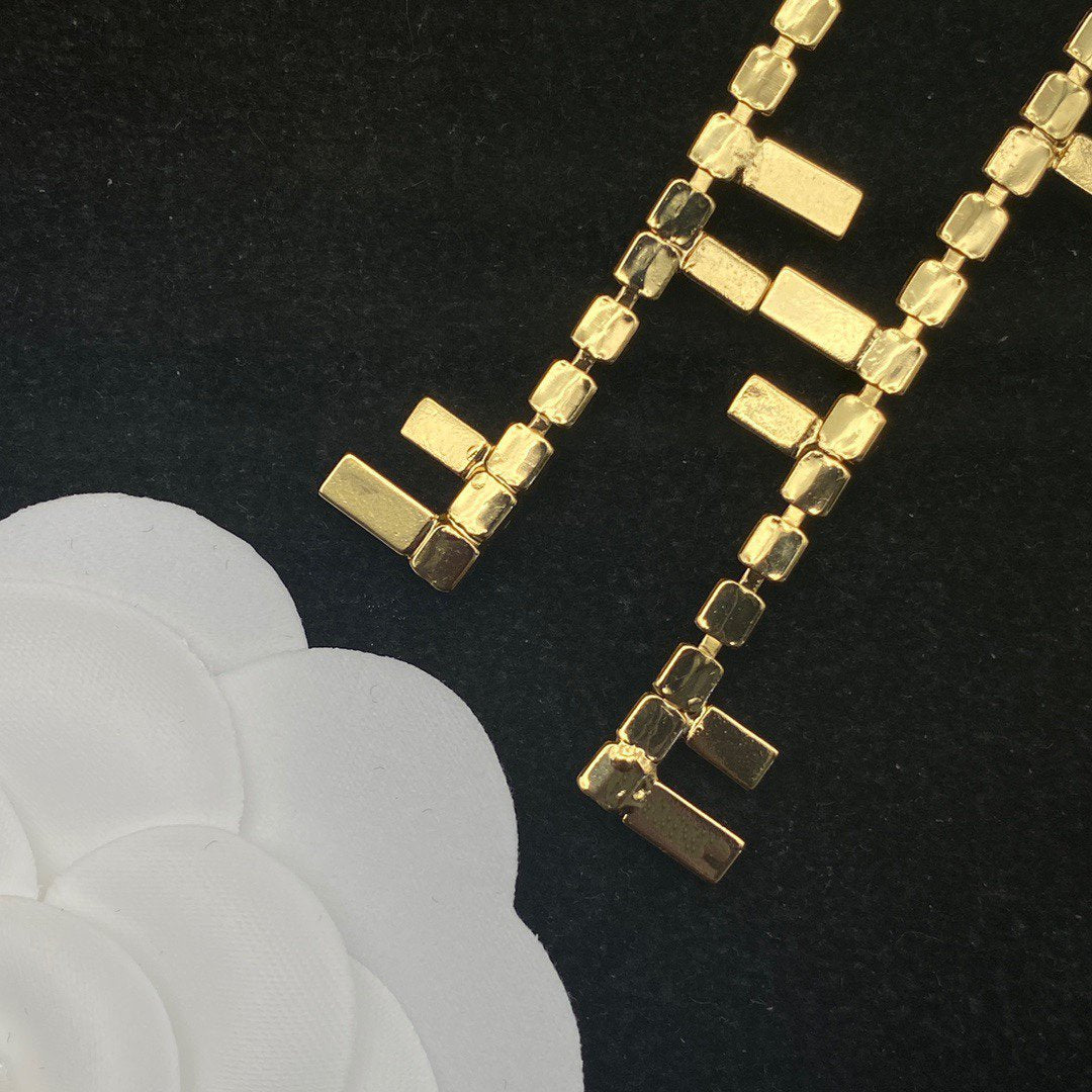 FENDI FF LOGO DROP GOLD DIAMOND EARRINGS