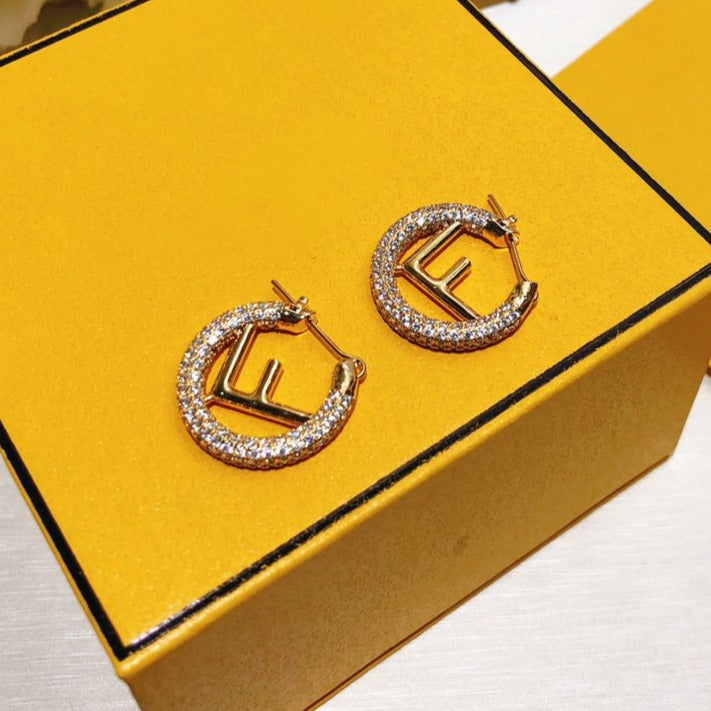 FENDI F LOGO GOLD DIAMOND EARRINGS