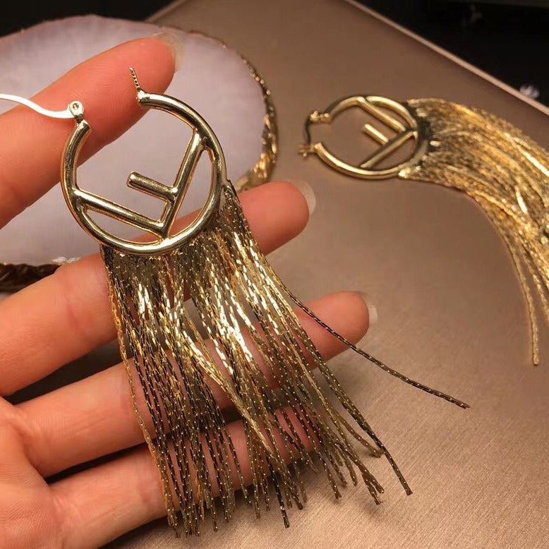 FENDI F LOGO TASSELS GOLD EARRINGS