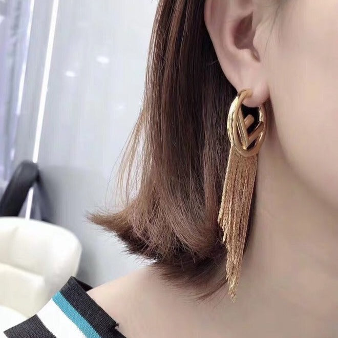 FENDI F LOGO TASSELS GOLD EARRINGS