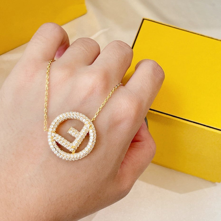 FENDI F LOGO NECKLACE GOLD FULL DIAMOND