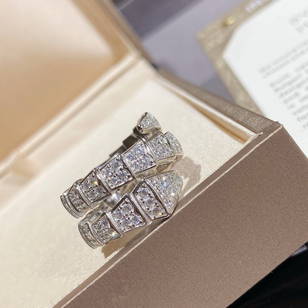 BVLGARI SERPENTI DOUBLE RING SILVER DIAMOND PAVED