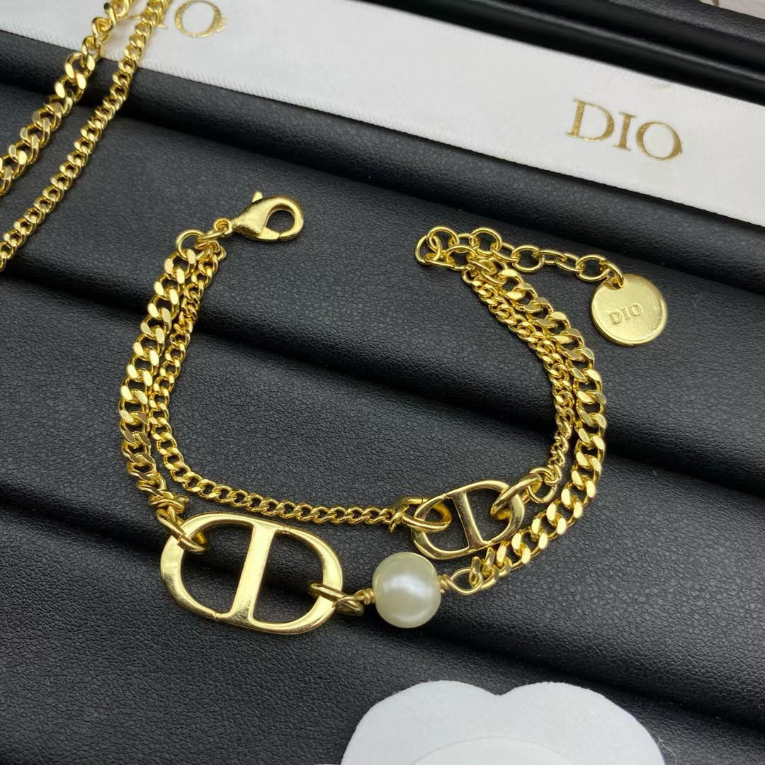 DIOR CD LOGO MOP GOLD DOUBLE CHAIN BRACELET