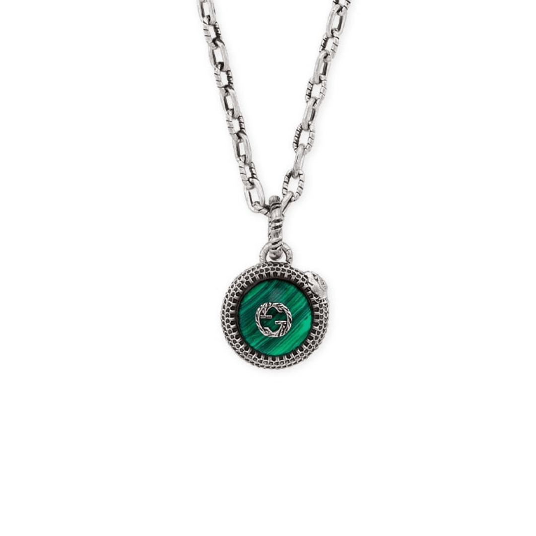 GUCCI STERLING SILVER NEW DOUBLE G LOGO SERPENT MALACHITE PENDANT NECKLACE