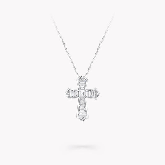 GRAFF BAGUETTE CUT SILVER DIAMOND CROSS NECKLACE