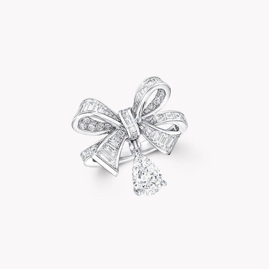 GRAFF TILDAS BOW BAGUETTE CUT SILVER DIAMOND DROP RING