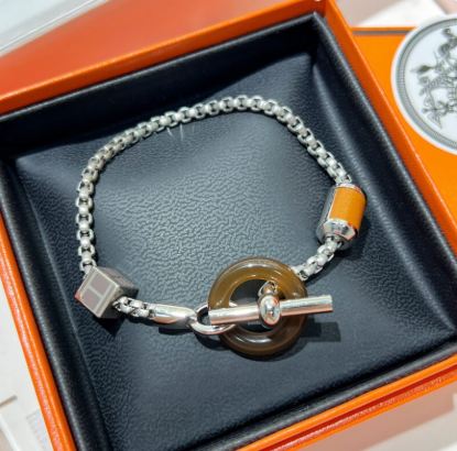HERMES HM BLACK CIRCLE SILVER BRACELET