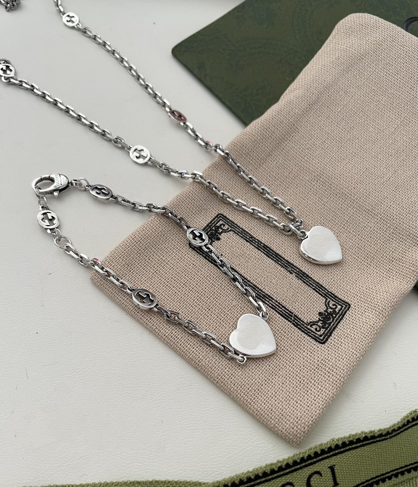 GUCCI GG HEARTS STERLING SILVER RED ENAMEL PENDANT NECKLACE