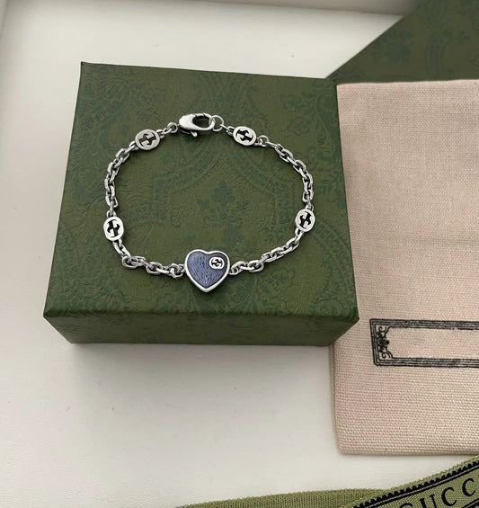 GUCCI GG HEART AGED FINISH STERLING SILVER BLUE ENAMEL BRACELET