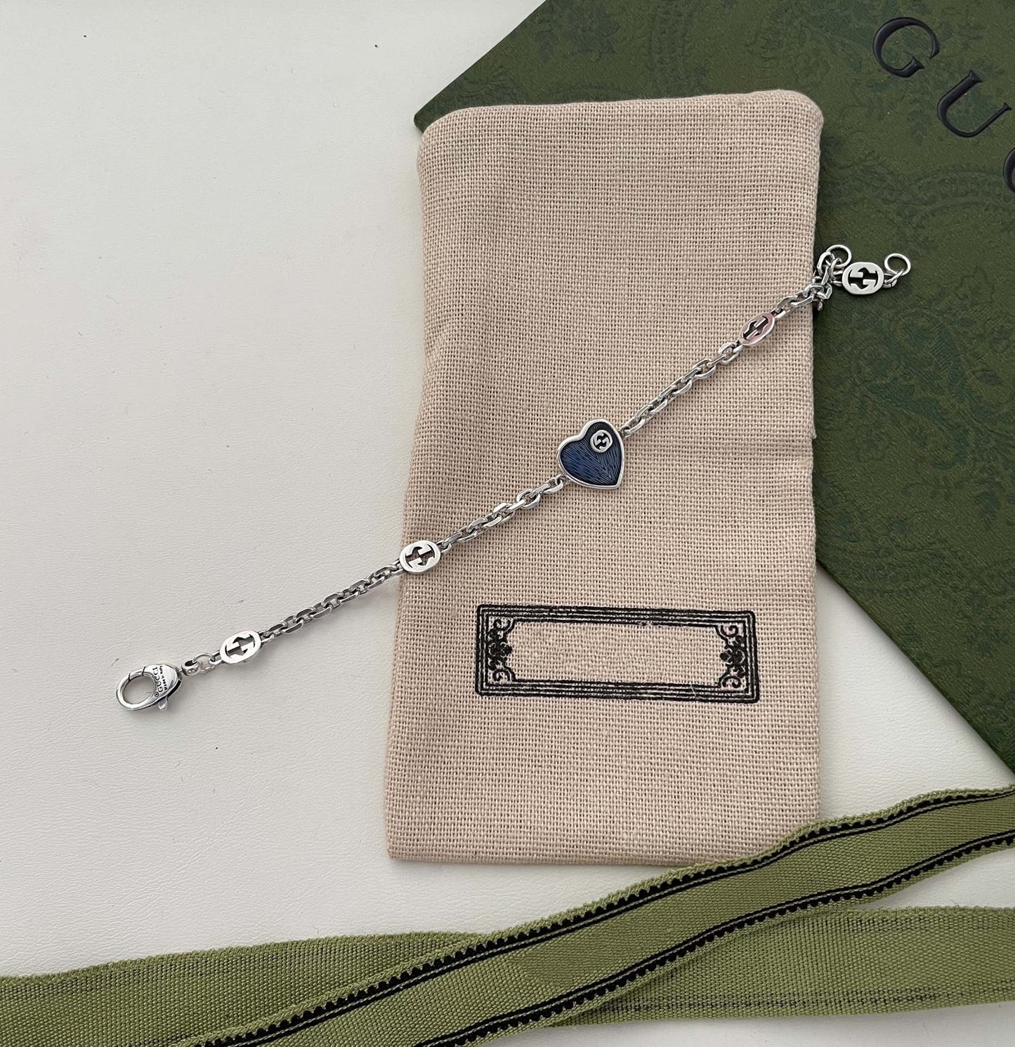 GUCCI GG HEART AGED FINISH STERLING SILVER BLUE ENAMEL BRACELET