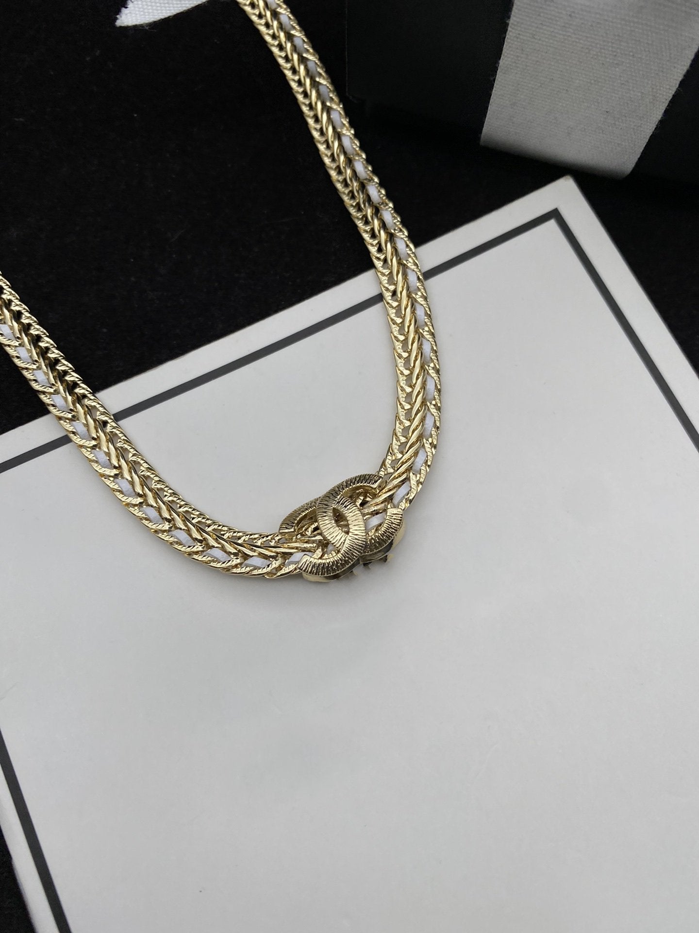 Chanel Double C White String Necklace Gold Diamond