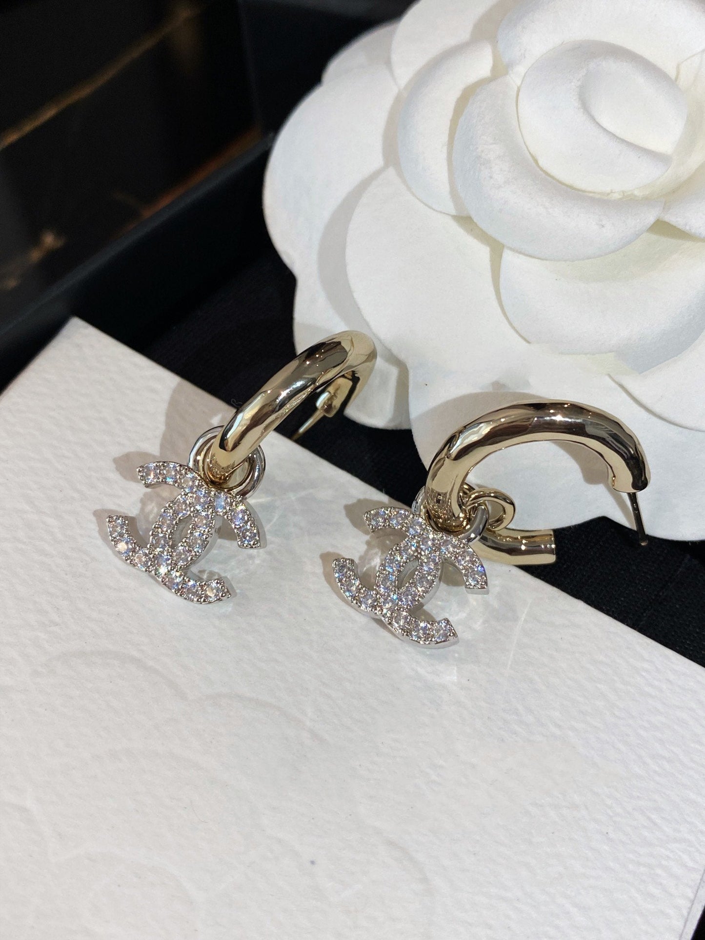 Chanel Double C Gold Diamond Earrings