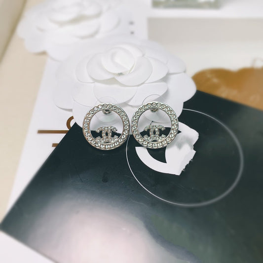 Chanel Double C Silver Diamond Stud Earrings