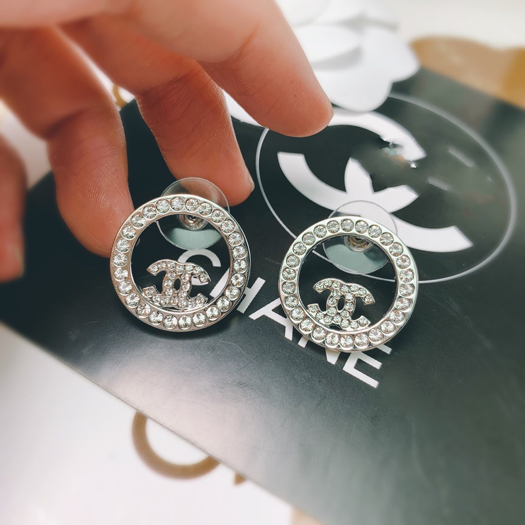 Chanel Double C Silver Diamond Stud Earrings