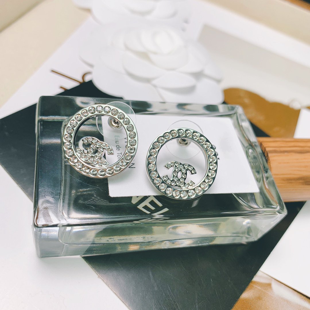 Chanel Double C Silver Diamond Stud Earrings