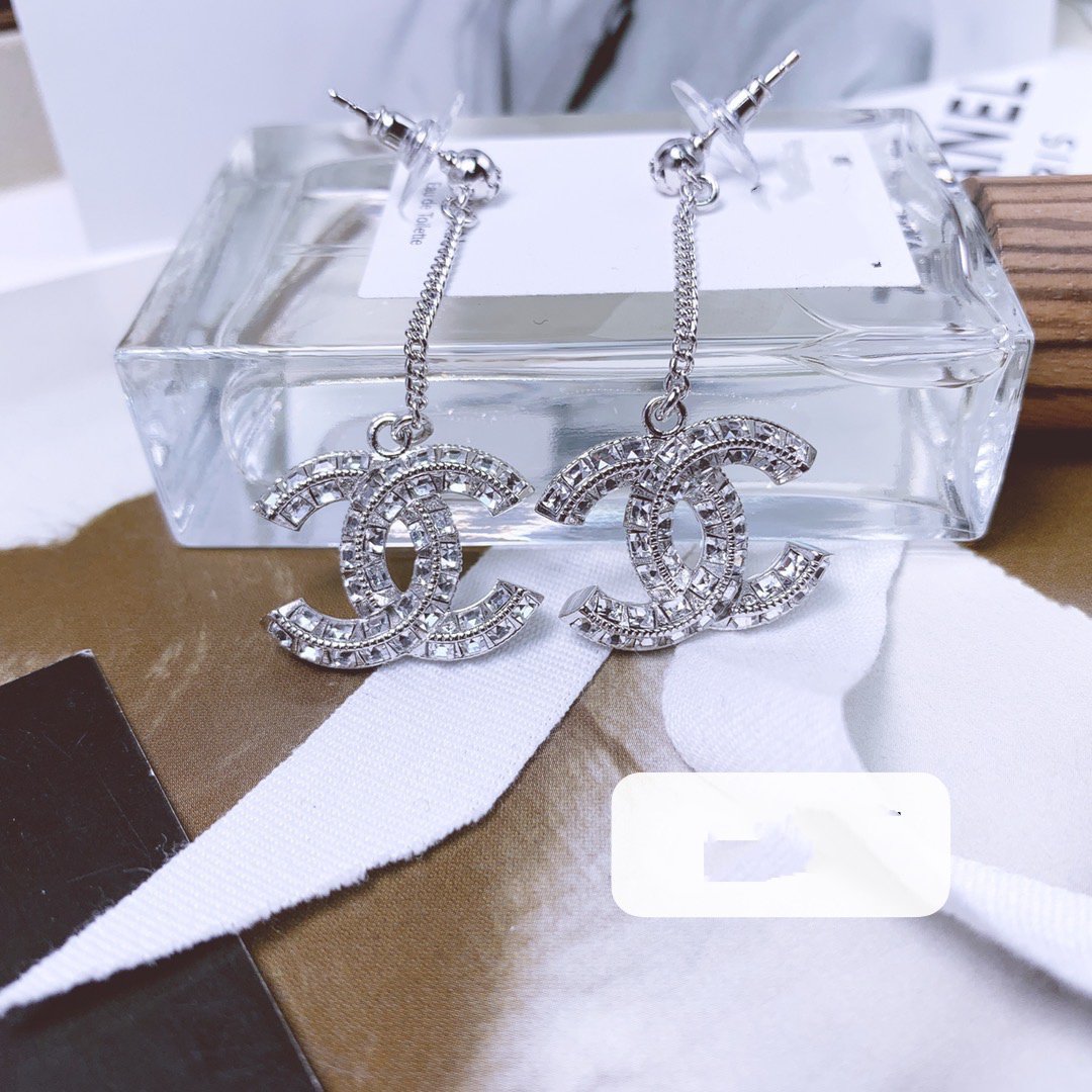 Chanel Double C Drop Silver Diamond Earrings