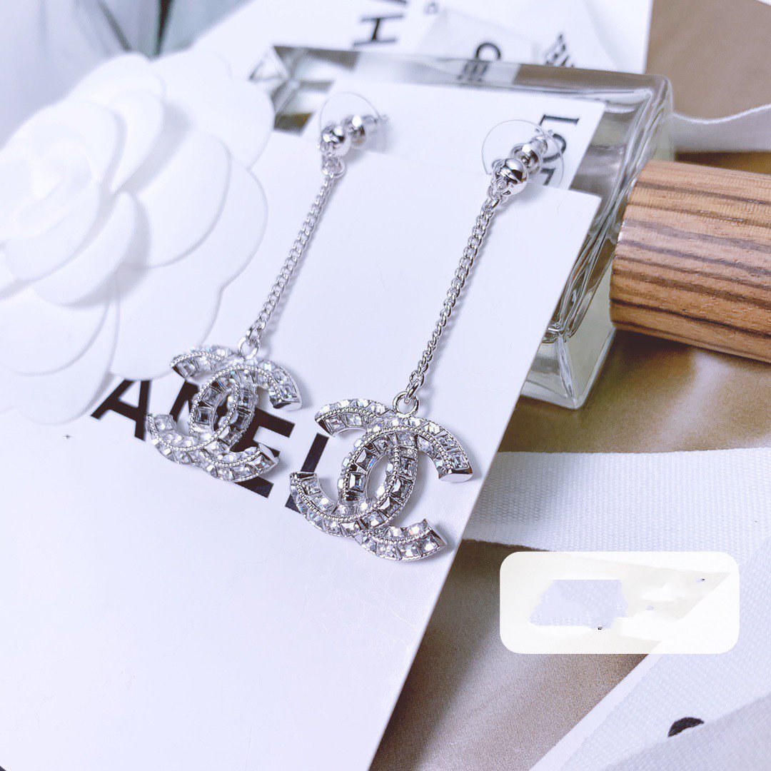 Chanel Double C Drop Silver Diamond Earrings