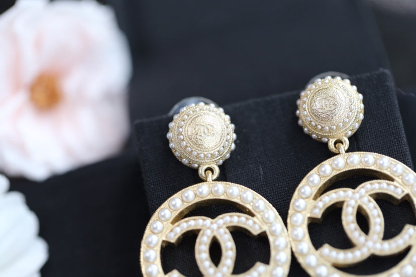 Chanel Double C Pearl Gold Earrings