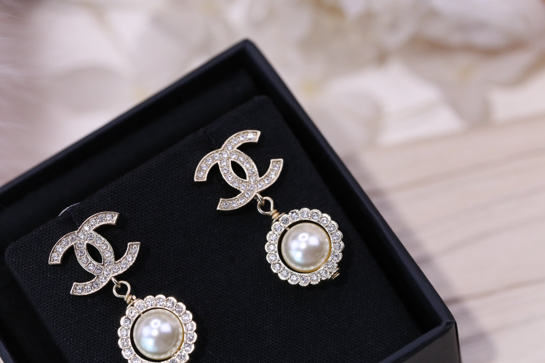 Chanel Double C Pearl Silver Diamond Earrings