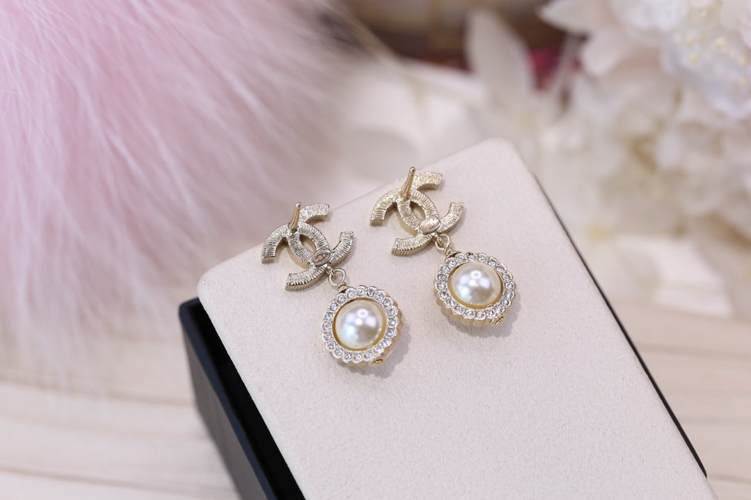 Chanel Double C Pearl Silver Diamond Earrings