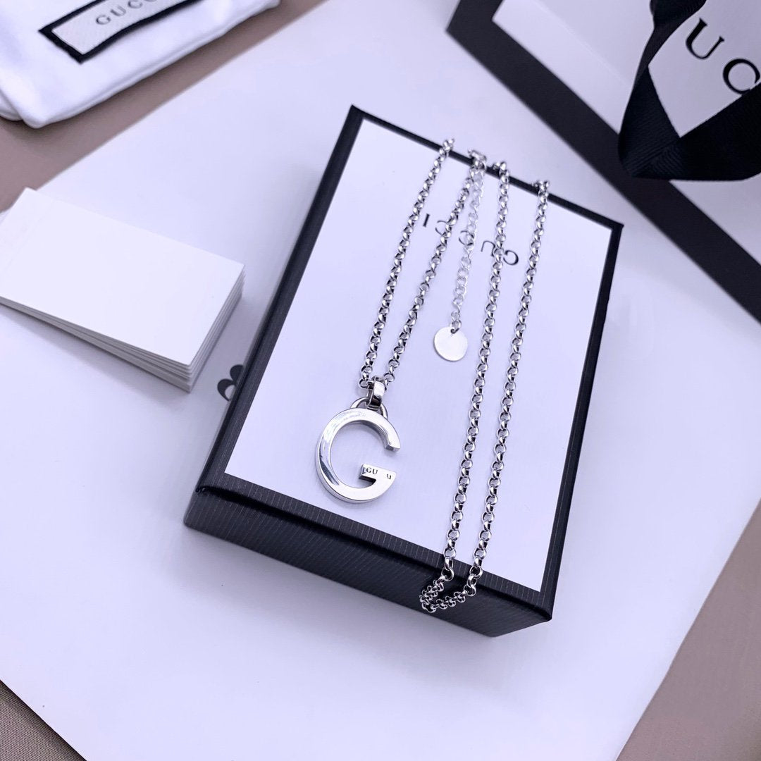 GUCCI STERLING SILVER LETTER DOUBLE G LOGO PENDANT VERSATILE NECKLACE