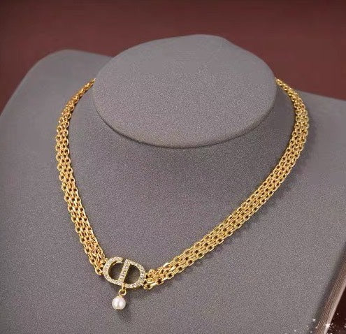 DIOR CD THREE-LAYER CHAIN CD PEARL NECKLACE
