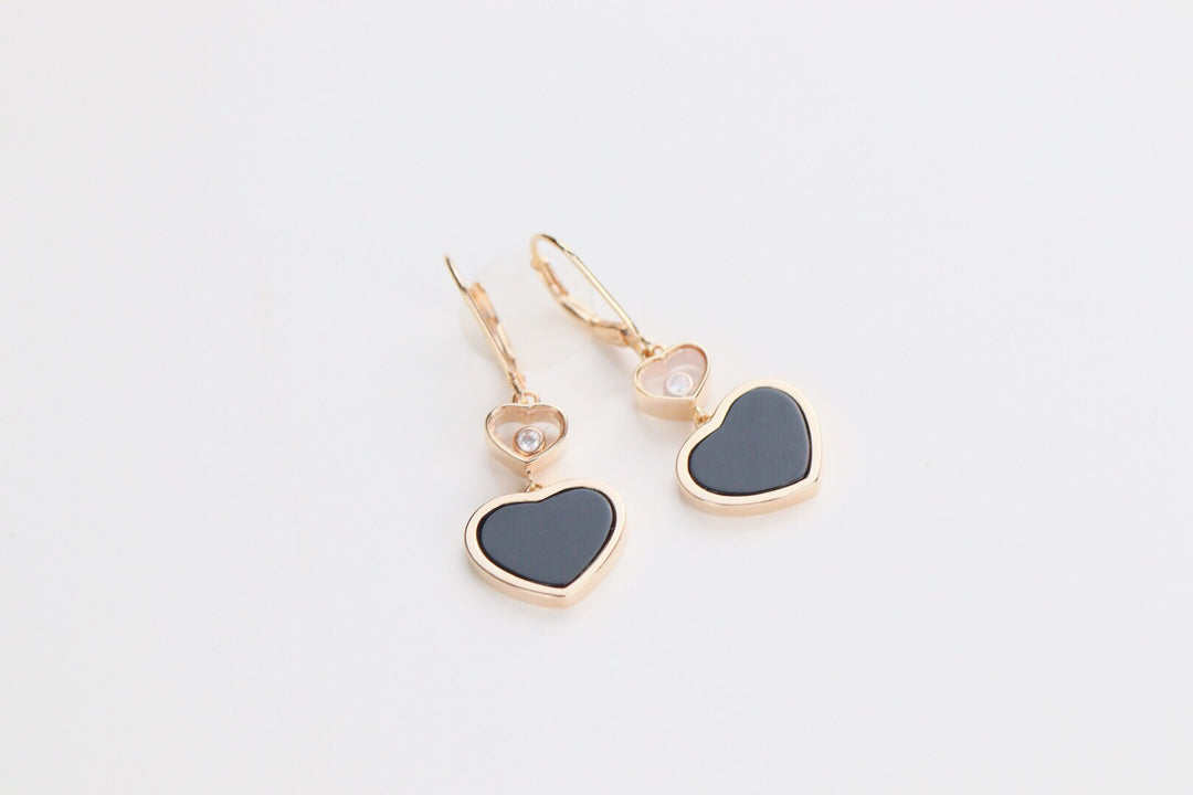 CHOPARD HAPPY HEART EARRINGS ONYX PINK GOLD DIAMOND
