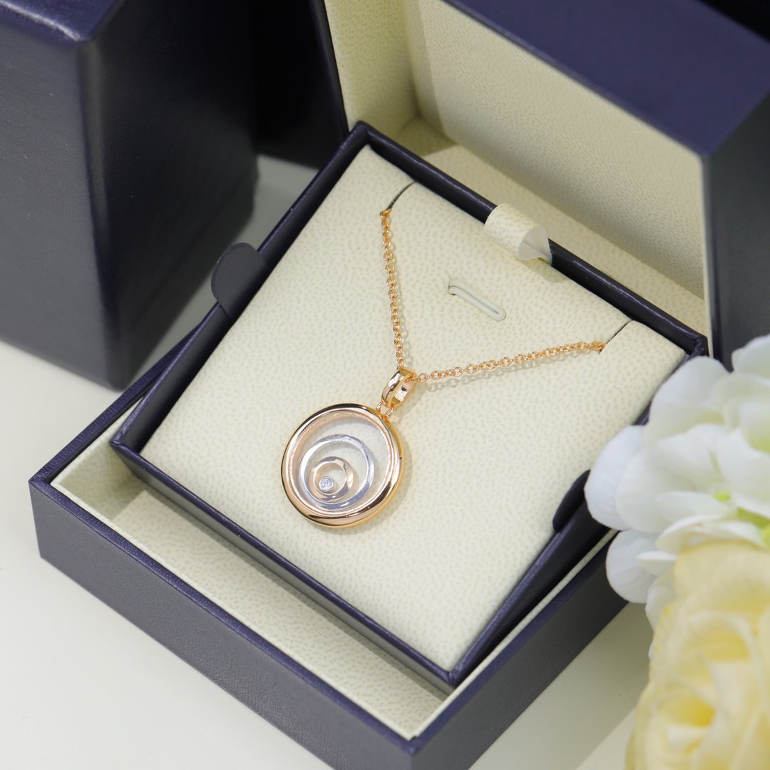 CHOPARD HAPPY HEART NECKLACE TRIPLE RING PINK GOLD 1 DIAMOND