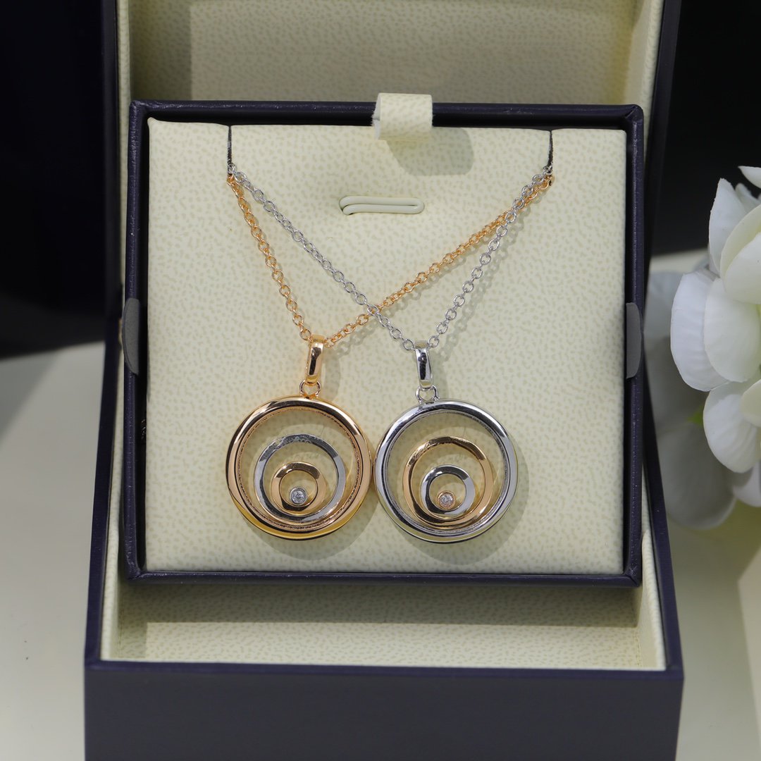 CHOPARD HAPPY HEART NECKLACE TRIPLE RING PINK GOLD 1 DIAMOND