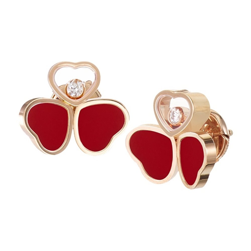 CHOPARD HAPPY HEART CARNELIAN EARRINGS PINK GOLD DIAMOND