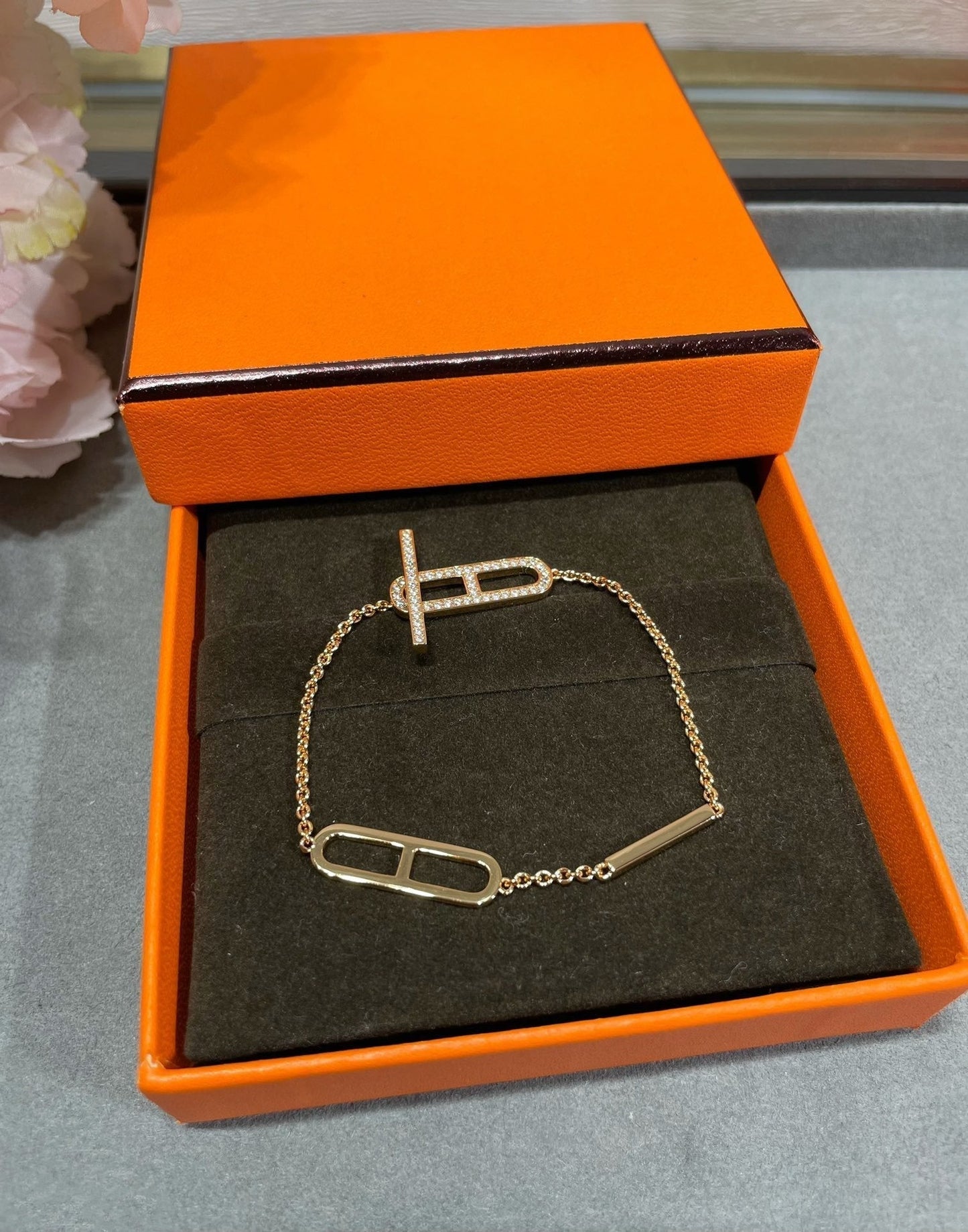 HERMES HM 18K ROSE GOLD DIAMOND PM EVER CHAINE D'ANCRE BRACELET ST