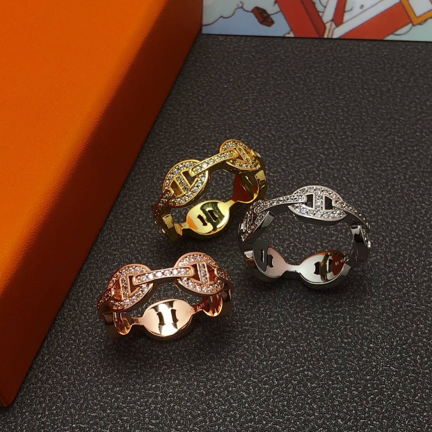 HERMES HM CHAINE D'ANCRE ENCHAINEE GOLD RING DIAMONDS