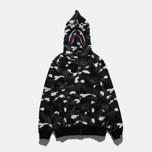 BAPE WGM Shark Camo Zip Hoodie - Black/White — front