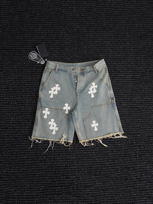 Chrome Hearts Cross Patch Light Blue Denim Shorts — hero