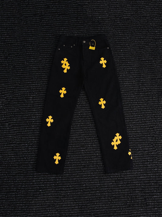 Chrome Hearts Yellow Cross Patch Black Jeans — hero