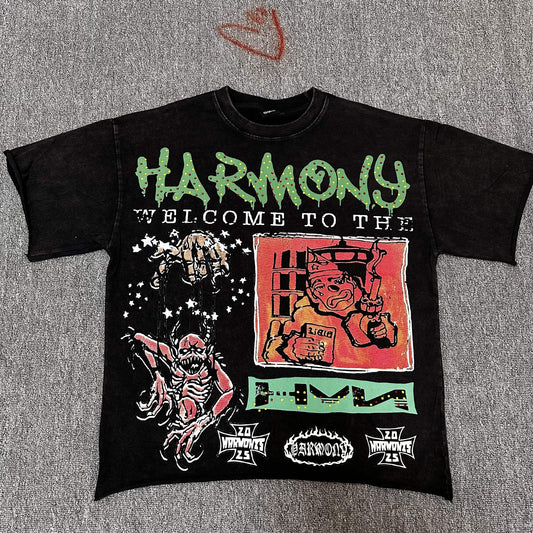 HARMONY Welcome Multi-Panel Black T-Shirt — front